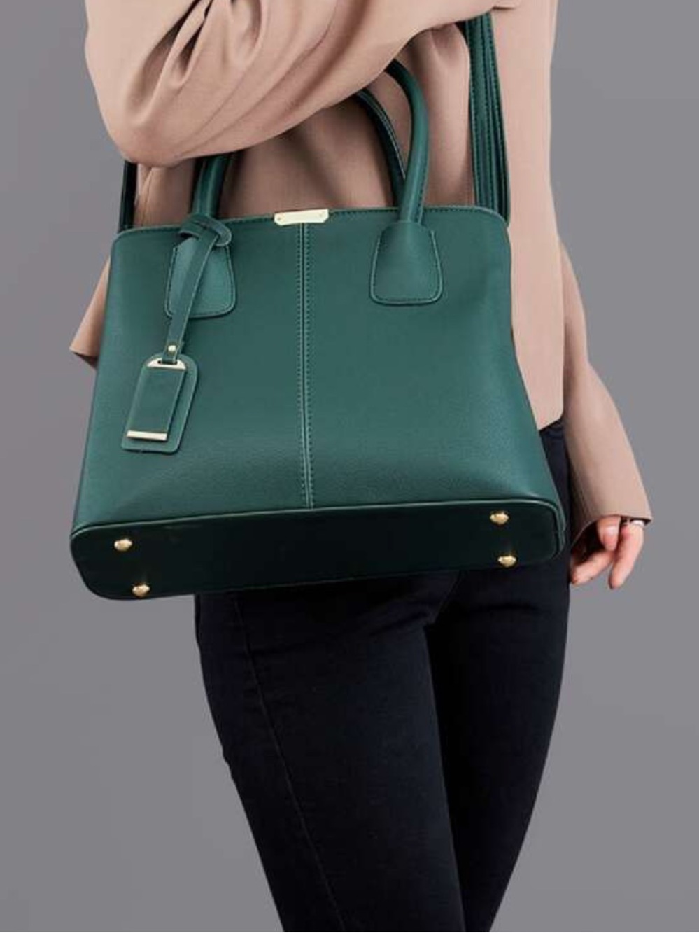 Metal Decor Top Handle Bag in Deep Green Classic tote